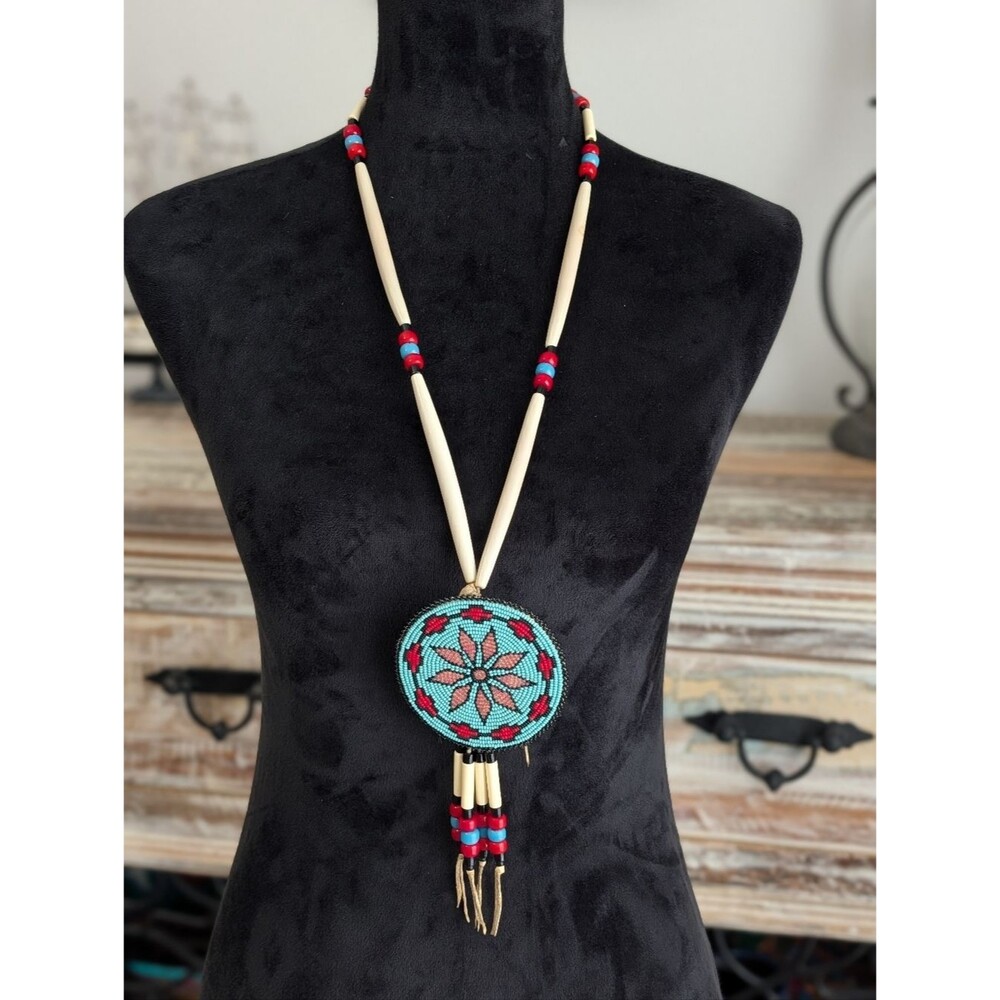 Native American Beaded Medallion Bone Leather Necklace Floral Sunburst Pendant